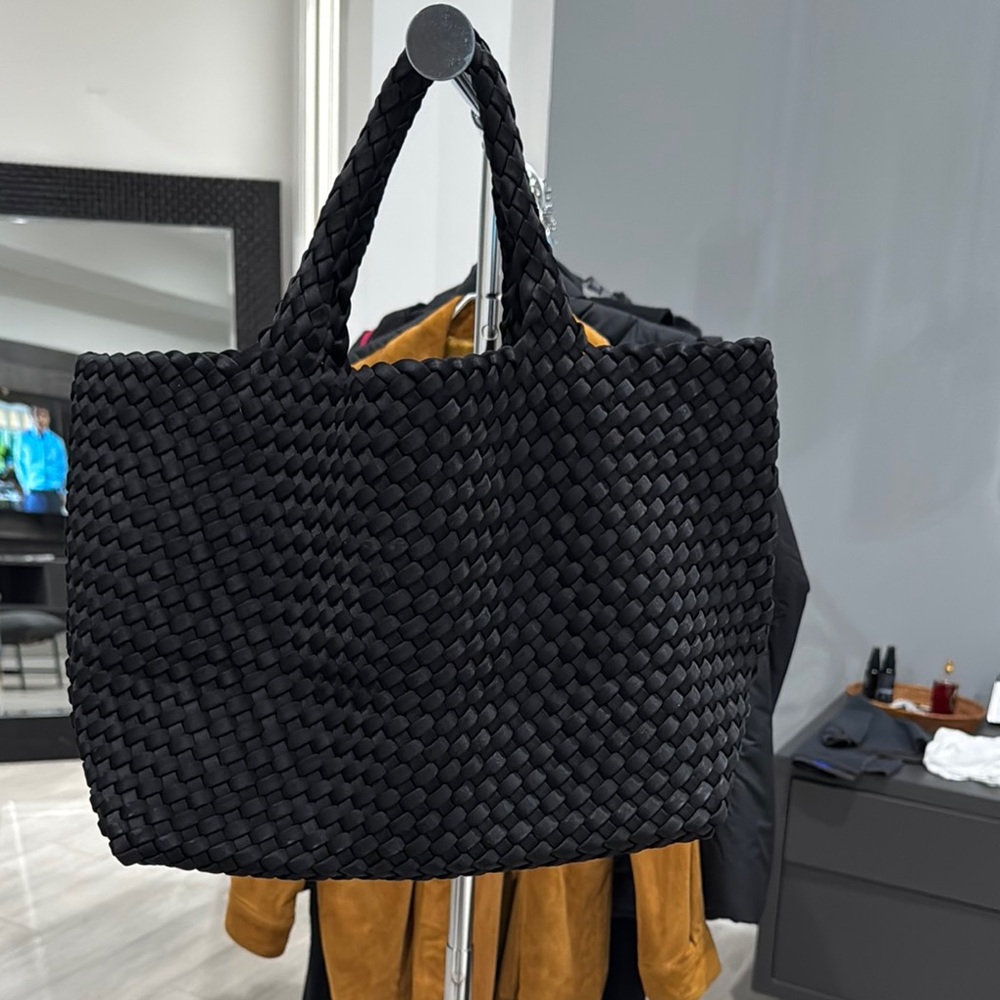 Black Textured Crochet Tote Bag